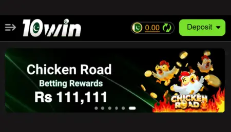 10win app banner showing Chicken Road game rewards screen