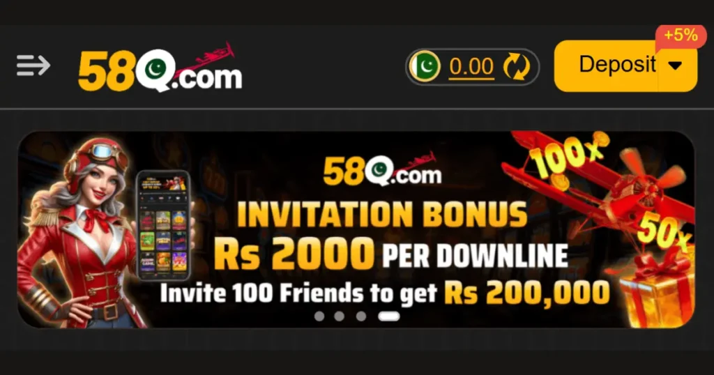 58q Game app interface showing invitation bonus, deposit option and earning dashboard