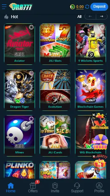 3rr777 app games dashboard showing slots, sports, and casino options