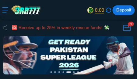 3rr777 app banner showing Pakistan Super League 2026 promotion