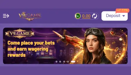 V9 Game app interface dashboard showing deposit and reward options
